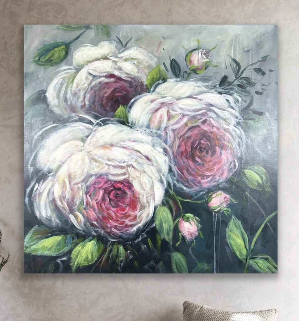 Full blown white roses on canvas by Australian artist Fiona Hayward